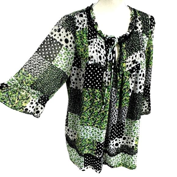 "Notations" Patchwork Sheer Blouse, TIe in Front,Ruffled Sleeves.Artsy,Country - Picture 2 of 8